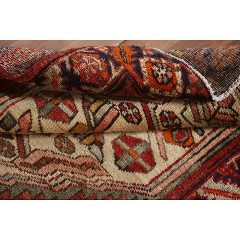 Geometric Hamedan Persian Vintage Runner Rug Hand-knotted Wool Carpet - 3'6"x 10'6"