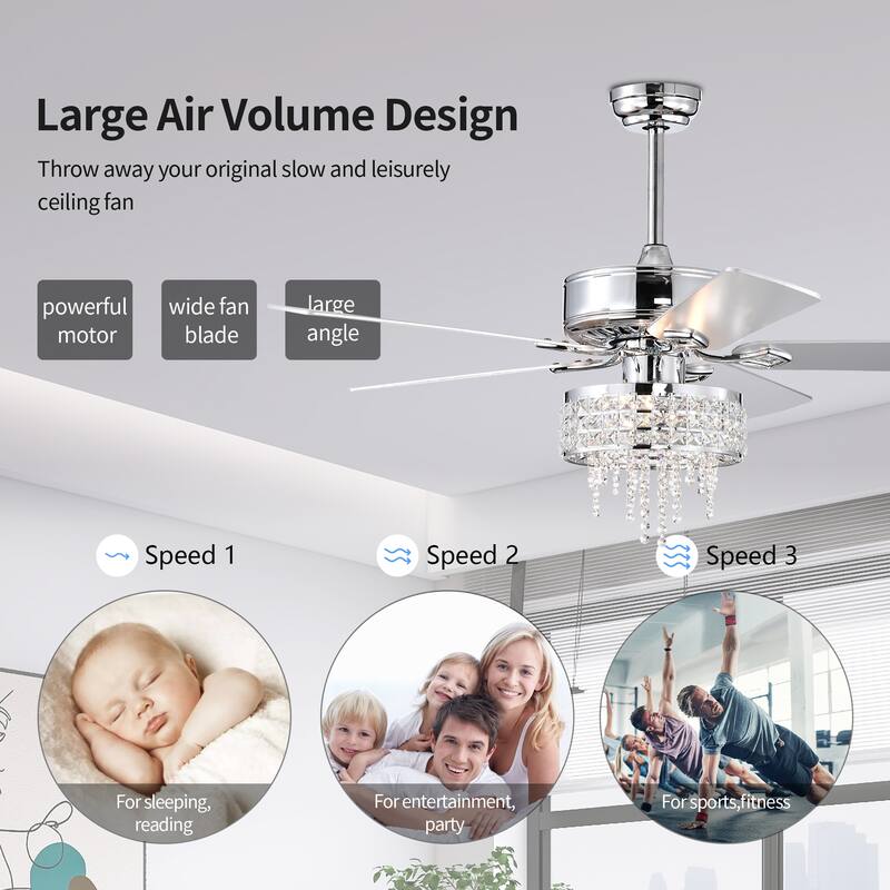 52” Modern Crystal Ceiling Fans with Lights Remote Control, Ceiling Fan with 5 Blade for Living Room, AC Motor, Chrome
