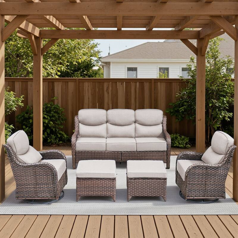 Arcadia 5-Piece Wicker Patio Conversation Set with Swivel Gliders and 6-Inch Thick Olefin Cushions - Beige Cushions - Brown Wicker