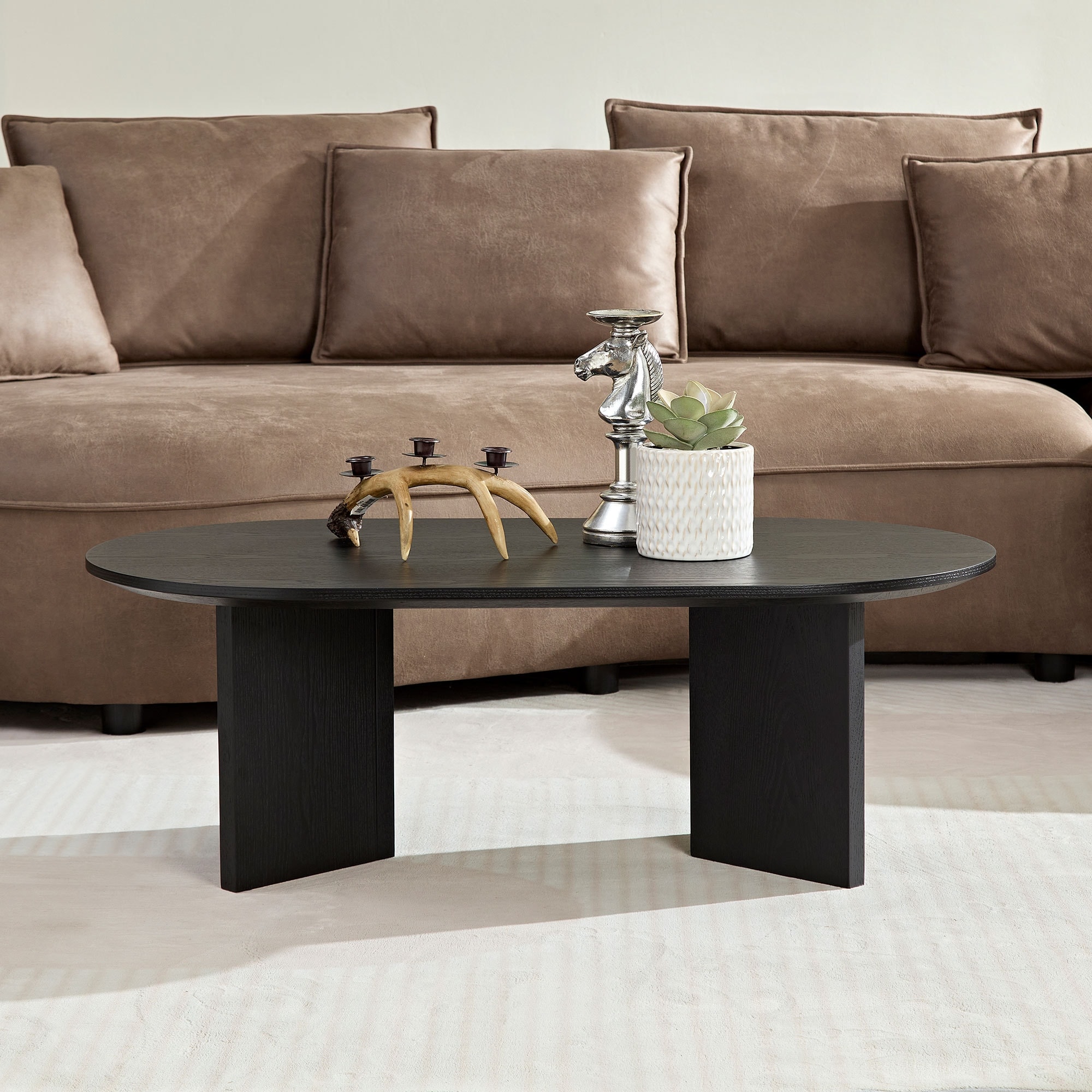 Roomfitters 39.37 Inch Oval Coffee Table, Modern Capsule Wooden Cocktail Center Table with V-Shaped Wing Legs