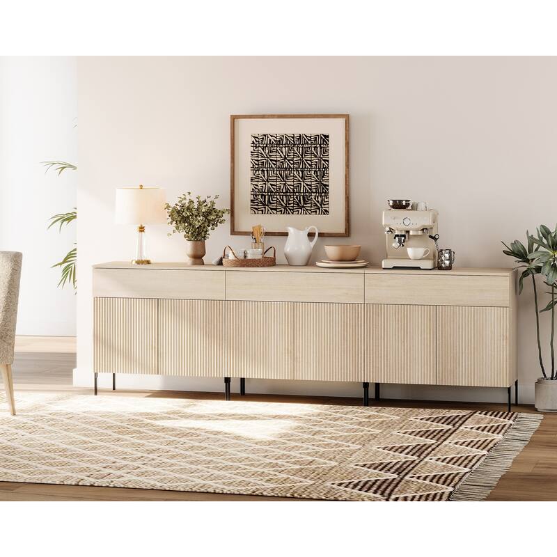 31.5" Wooden Reeded Sideboard With Doors And Drawer, Modern Credenza Storage Cabinet