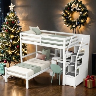 Elegant Style Twin Size Loft Bed with a Stand-alone Bed, Storage Staircase, Desk, Shelves and Drawers, Solid Construction, White