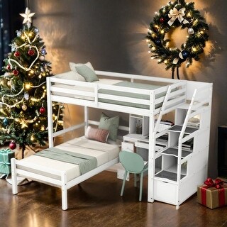 Twin Size Loft Bed with Staircase, Desk, Shelves and Drawers, White