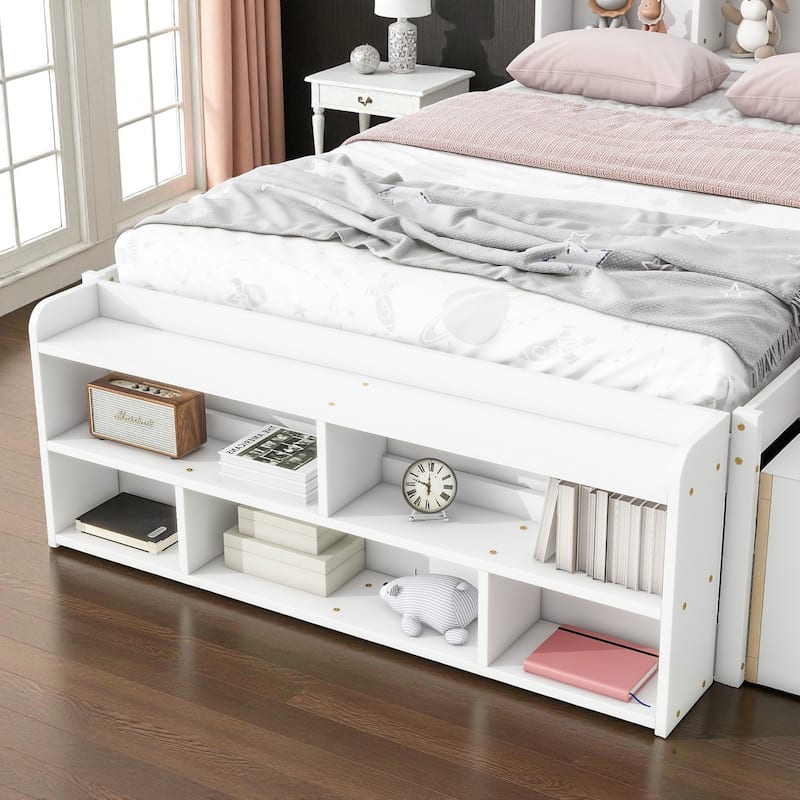 Full Size Wooden Storage Bed with Bookcase Headboard, 6 Drawers, and Bed-End Storage Case