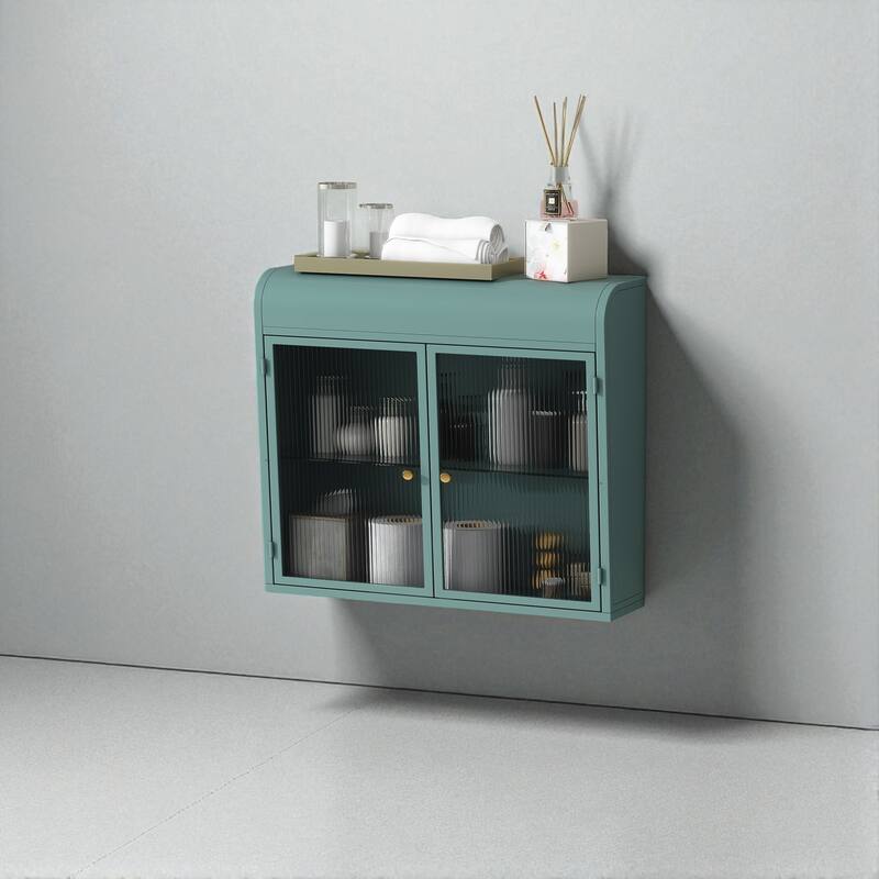 2-Door Wall-Mounted Metal Storage Cabinet with Glass Shelves for Bathroom, Kitchen & Office, Chrome Knobs - Green