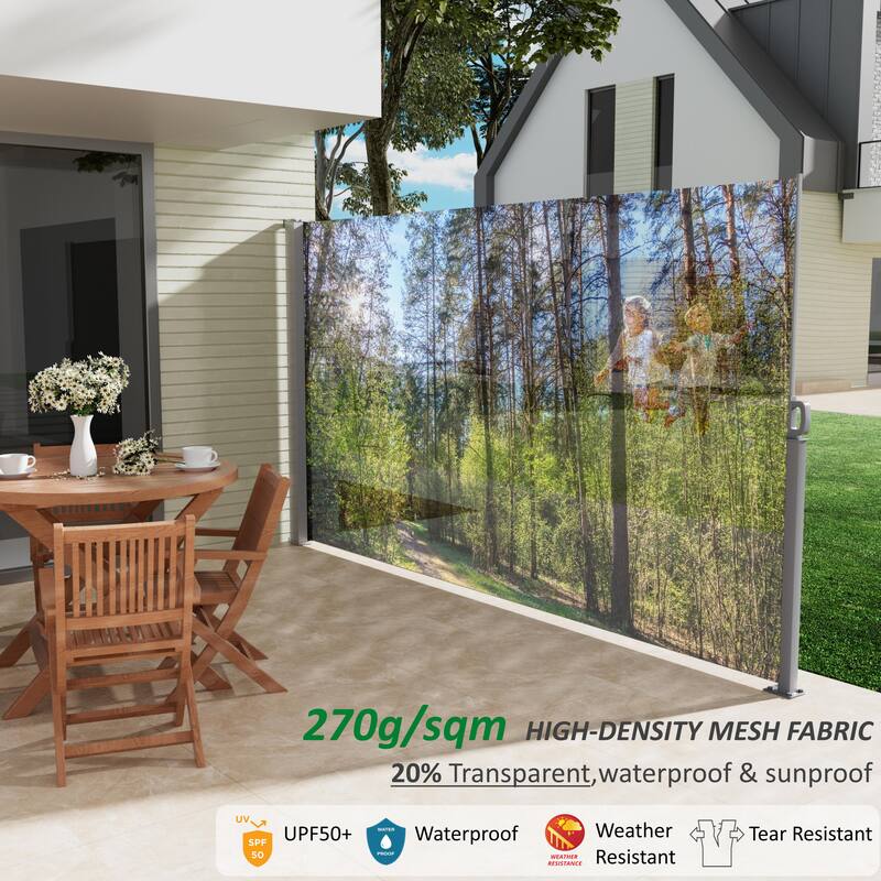 71x138 Inch Retractable Side Awning Screen, Semi-transparent UV Printed, UPF50+, Ideal for Garden, Balcony, and Pool Privacy