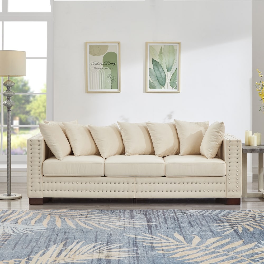 Modern Design Sofa Square Armrest With Silver Nails Decoration Upholstered Velvet Couch