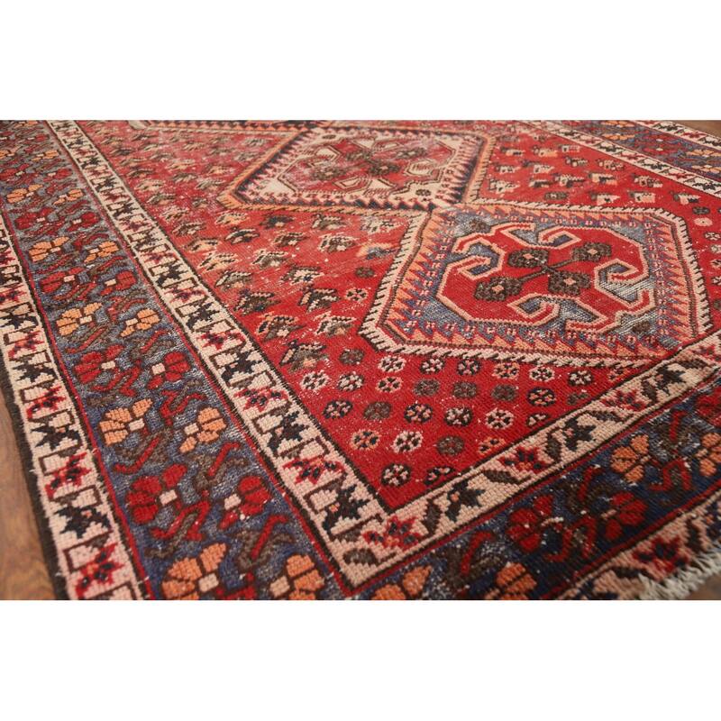 Distressed Bakhtiari Persian Vintage Rug Handmade Red Wool Carpet - 4'10"x 9'10"