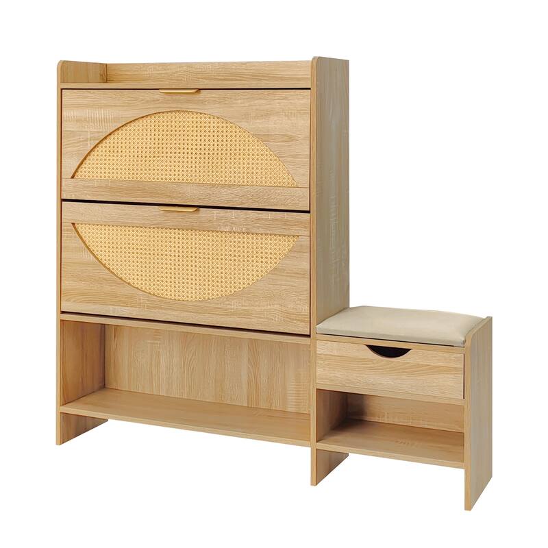 Roomfitters Rattan Shoe Storage Cabinet with Bench and Flip Compartments for Entryway, Light Brown