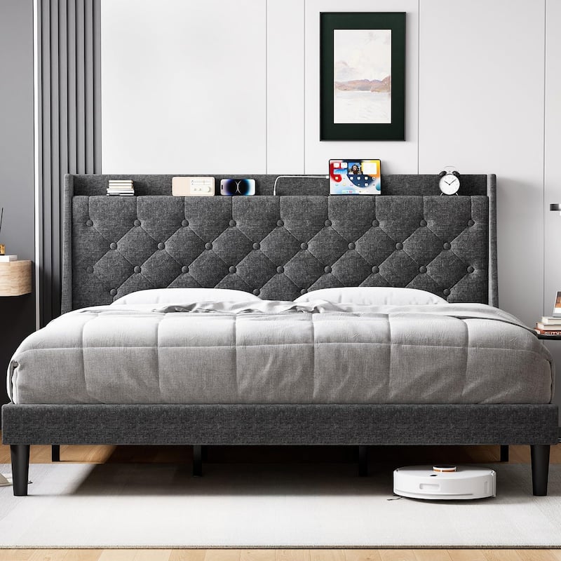 Upholstered Bed Frame with Wingback Headboard