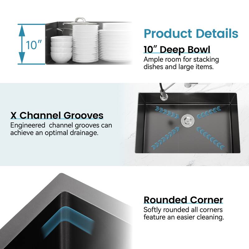 Stainless Steel Kitchen Sink, 30″x19″ Single Bowl, Undermount HandmadeSink in Black, with US Standard Drain and Hook