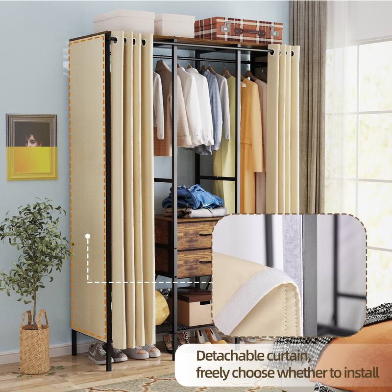 Industrial Large Clothes Rack Organizer with Drawers and Curtain