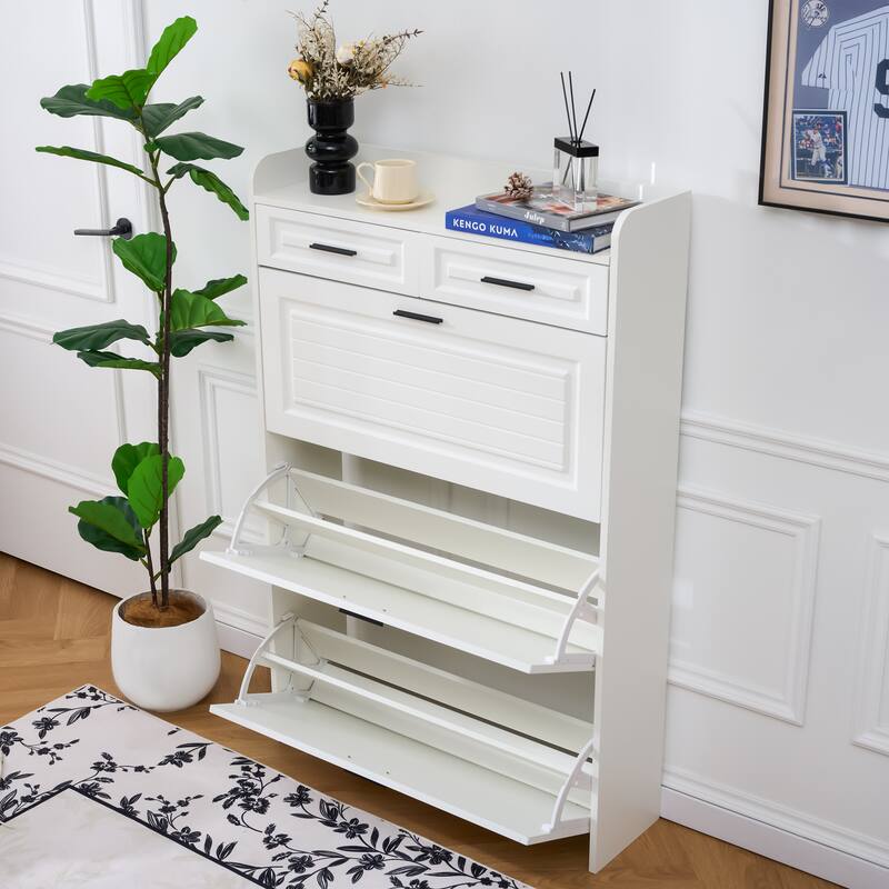 Shoe Cabinet with 3 Flip Drawers & 2 Drawers, Hidden Slim Shoe Rack Cabinet, Wood Entryway Narrow Shoe Storage Cabinet