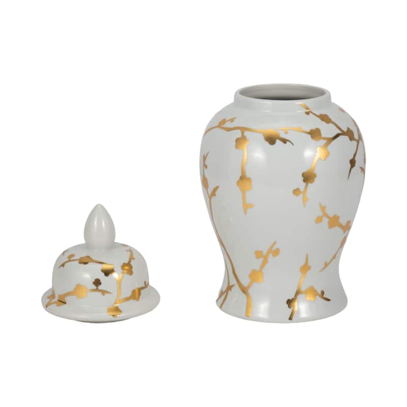 Sagebrook Home Elegance 14" White Ceramic Temple Jar with Gold Cherry Blossom - Chinoiserie Accent Piece