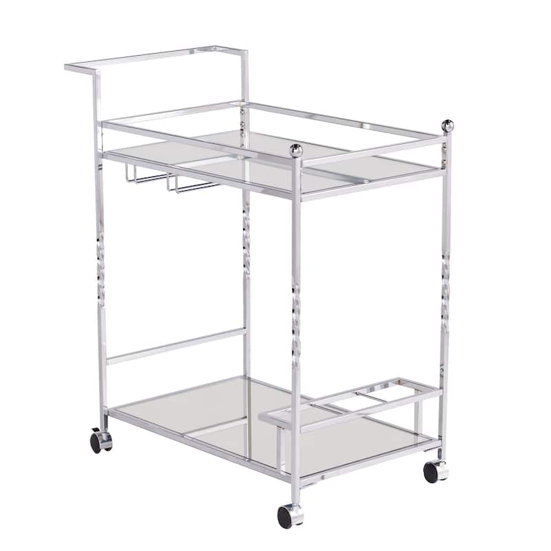Mirrored Glass Bar Cart with Wheels and Metal Wine Rack - 29” x 15.75” x 31.5” - Silver