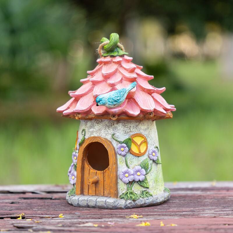 Glitzhome 9''H Resin Pink Yellow Roof Outdoor Garden Birdhouse