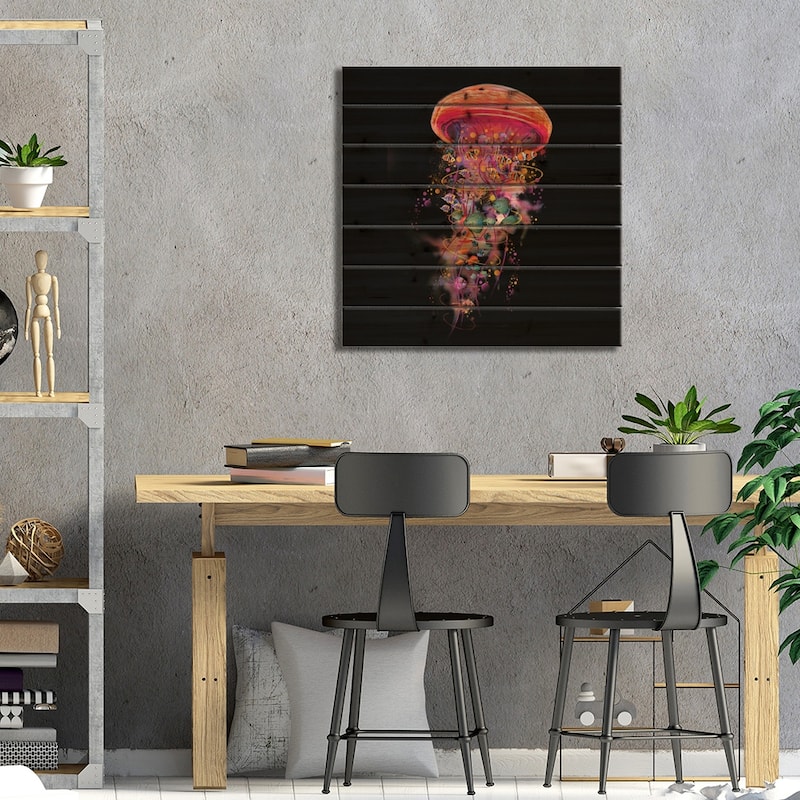Electric Jellyfish World In Red Print On Wood by David Loblaw - Multi-Color