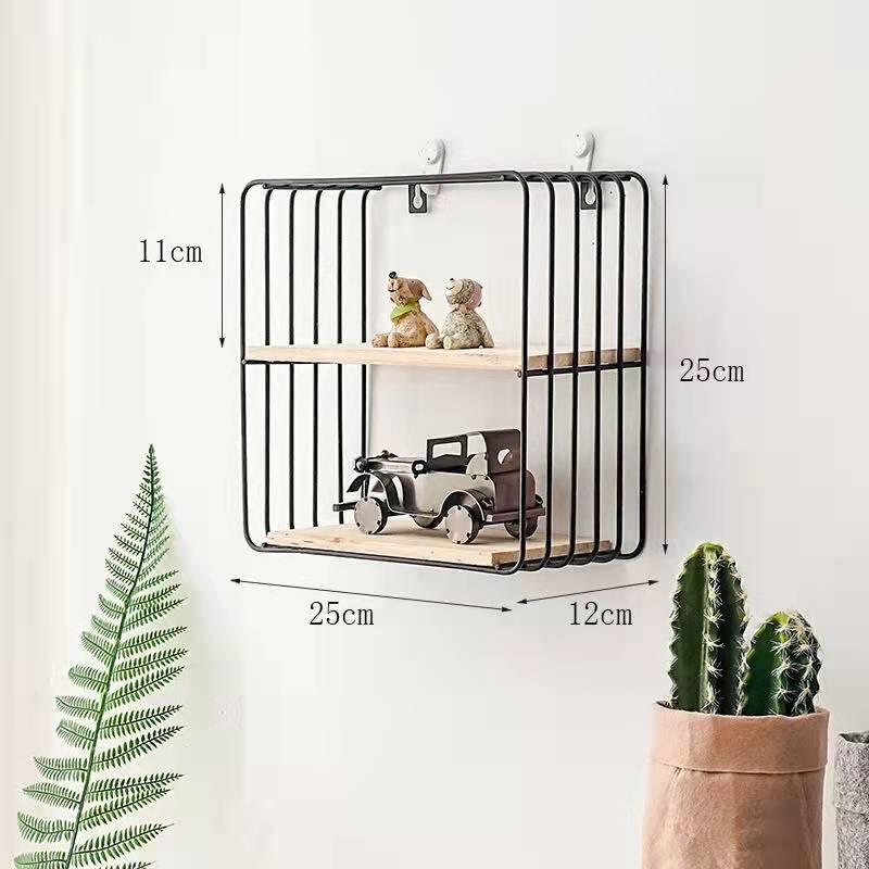 Iron Wall Square Double Shelves Wall Hanging Baskets - Black