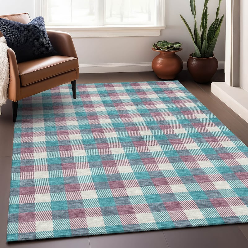 Machine Washable Indoor/ Outdoor Plaid Chantille Rug - Teal - 5' x 7'6"