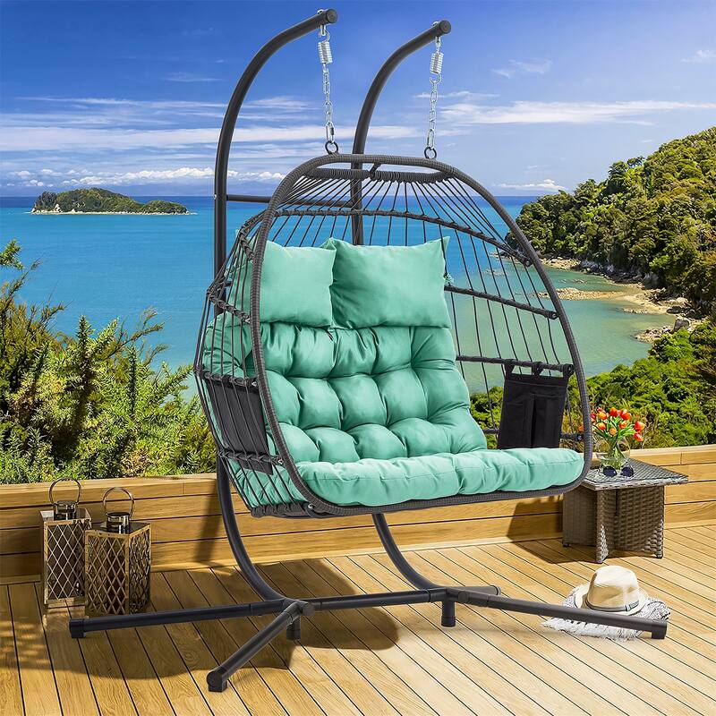 EROMMY Hanging Egg Chair with Stand, Portable Indoor/Outdoor Swinging Chair Featuring Cushion and Pillow, Wicker Swing,Blue - Tiffany Blue - Double
