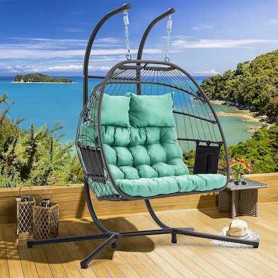 EROMMY Hanging Egg Chair with Stand, Portable Indoor/Outdoor Swinging Chair Featuring Cushion and Pillow, Wicker Swing,Blue