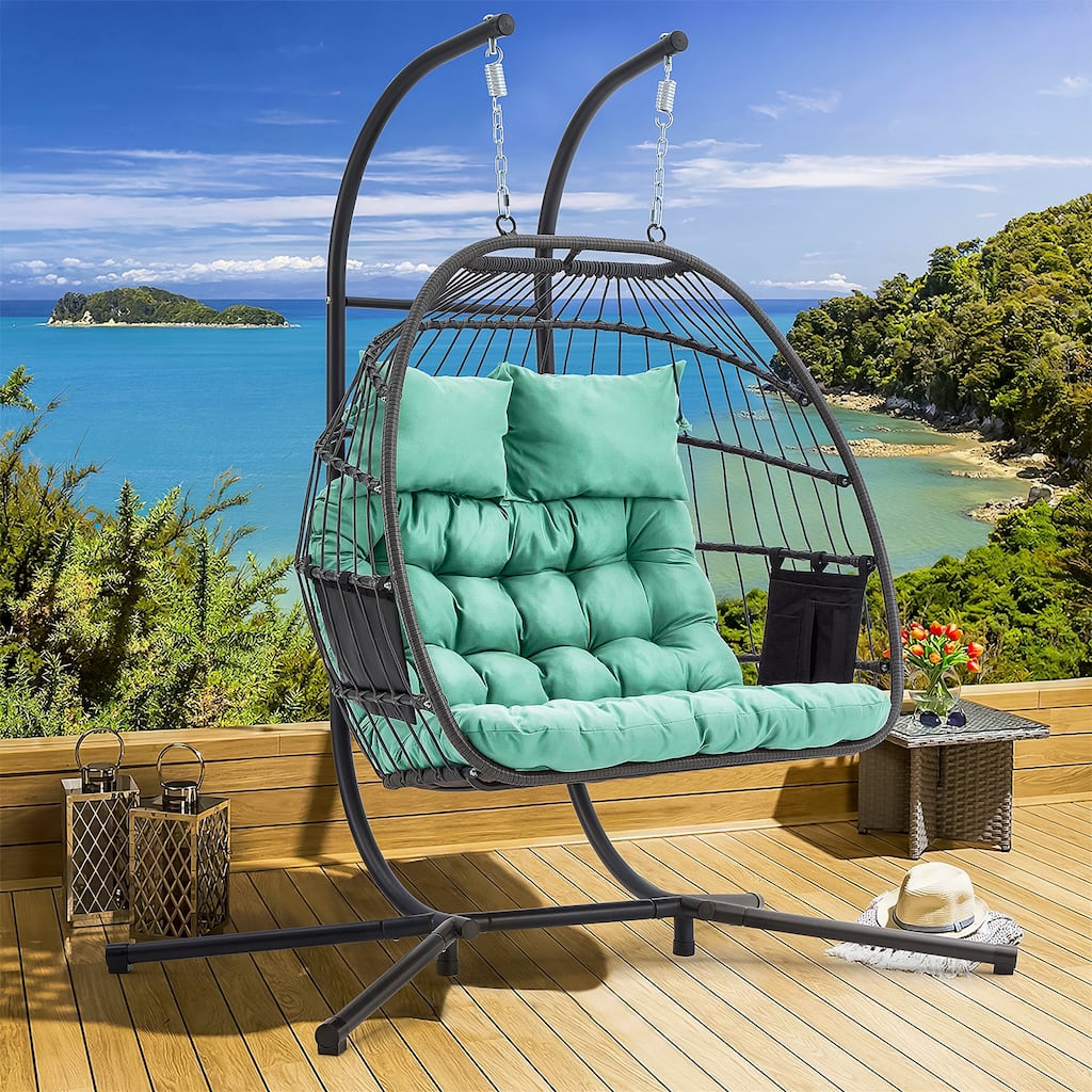 EROMMY Hanging Egg Chair with Stand, Portable Indoor/Outdoor Swinging Chair Featuring Cushion and Pillow, Wicker Swing,Blue