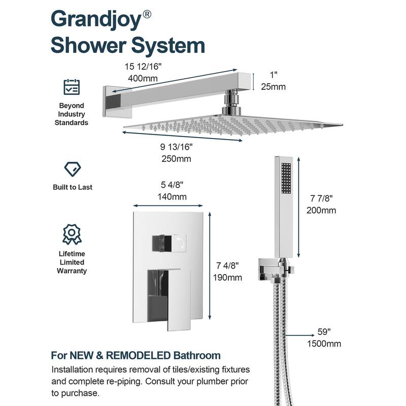 GRANDJOY 10" Rainfall Shower System with 2-Handle Waterfall Bathroom Sink Faucet Combo Set
