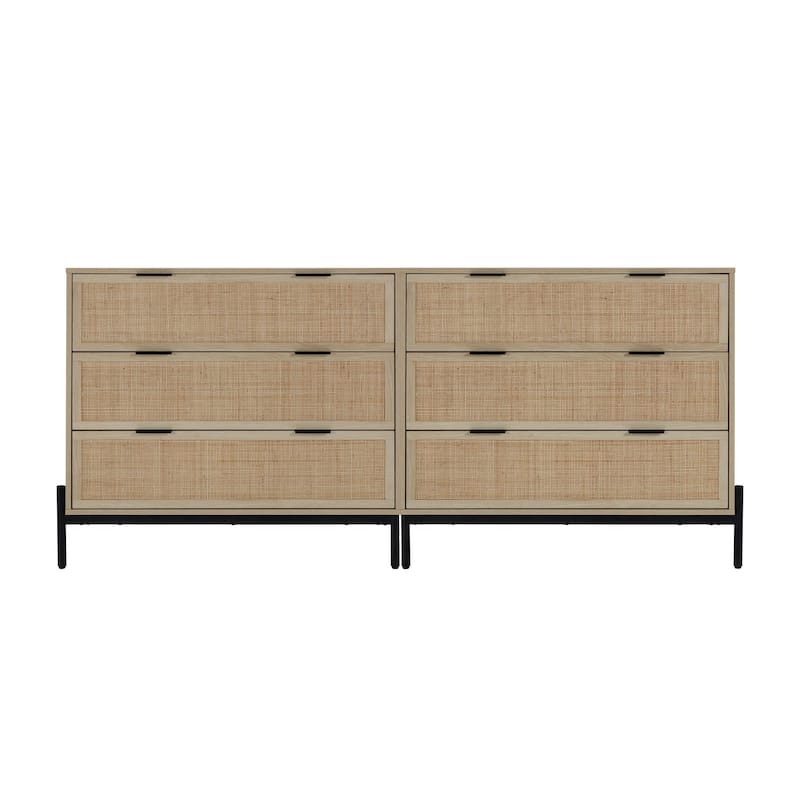 Andrew 3-Drawer Rattan Dresser or Bohemian Living Room Storage Cabinet with Natural Rattan Accent and Metal Legs