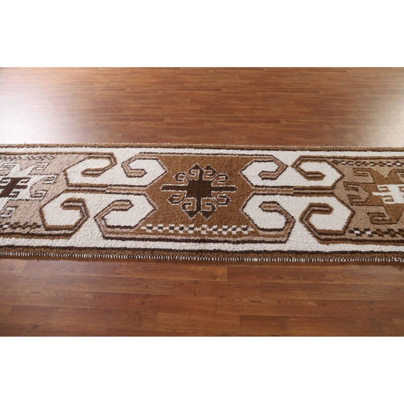 Plush Turkish Anatolian Runner Rug Hand-knotted Beige Wool Carpet - 3'6"x 13'3"