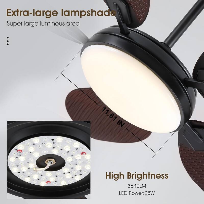 52 Inches or 62 Inches Tropical Ceiling Fan with LIght and Remote,Palm Leaf Blades