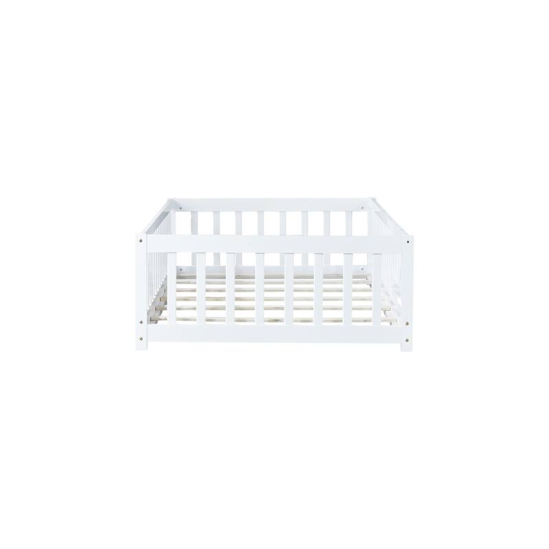 Full Size Floor Bed With Fence And Door,Rubber Wood Floor Bed With Safety Guardrails