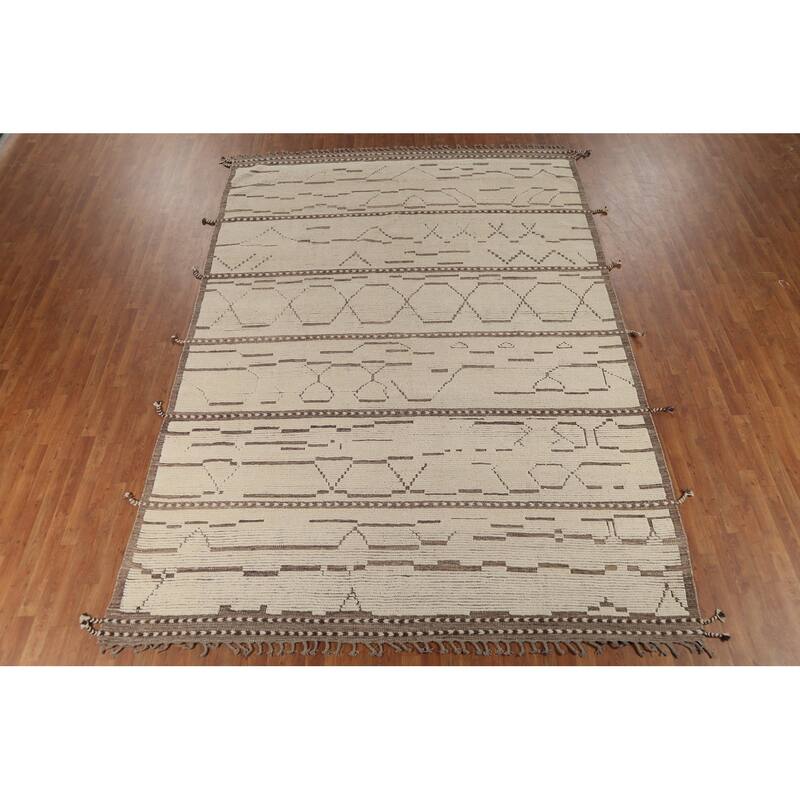 Ivory Moroccan Abstract Area Rug Handmade Wool Carpet - 8'10"x 12'8"