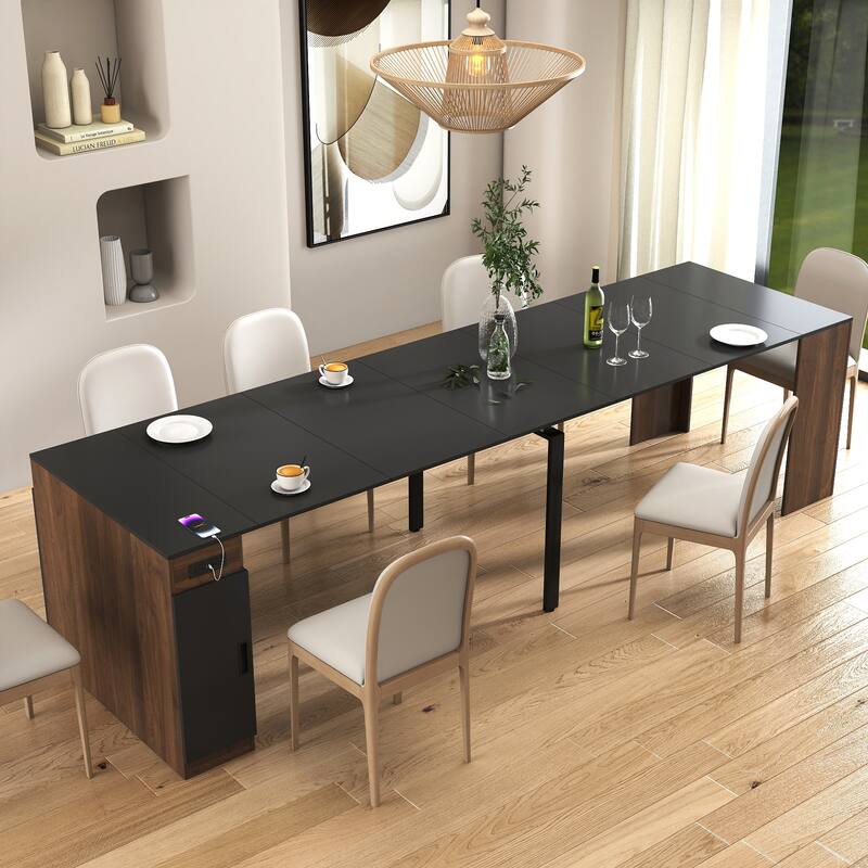 Modern Extendable Dining Table with Outlet & Storage, Space-Saving Expanding Table for Party & Meetings
