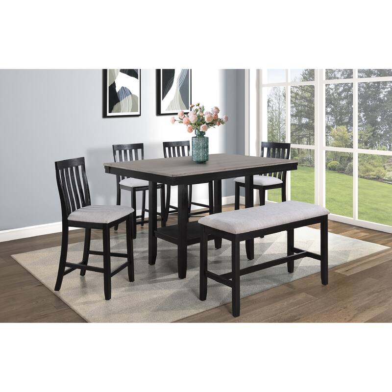 2Pc Black/Light Gray Counter Height Chair Slat Back Wooden Dining Room Furniture