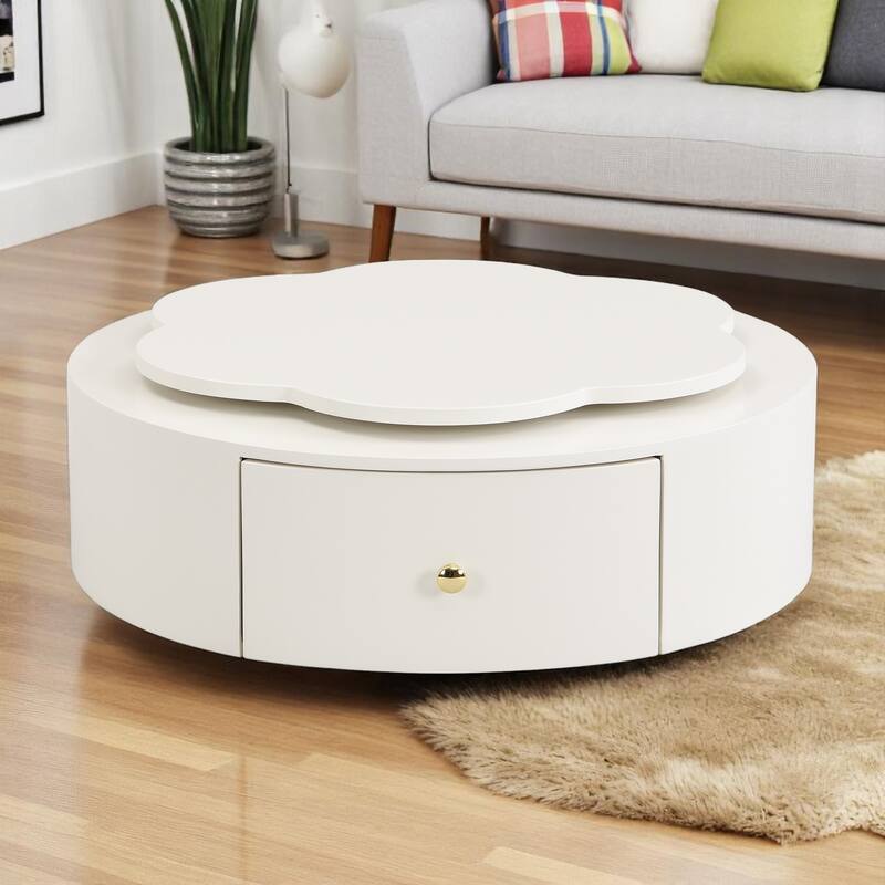 2-Piece Rotating Flower-Shaped Coffee Table Set, Drawers, and Top Circle Side Table End Table with Glass for Living Room
