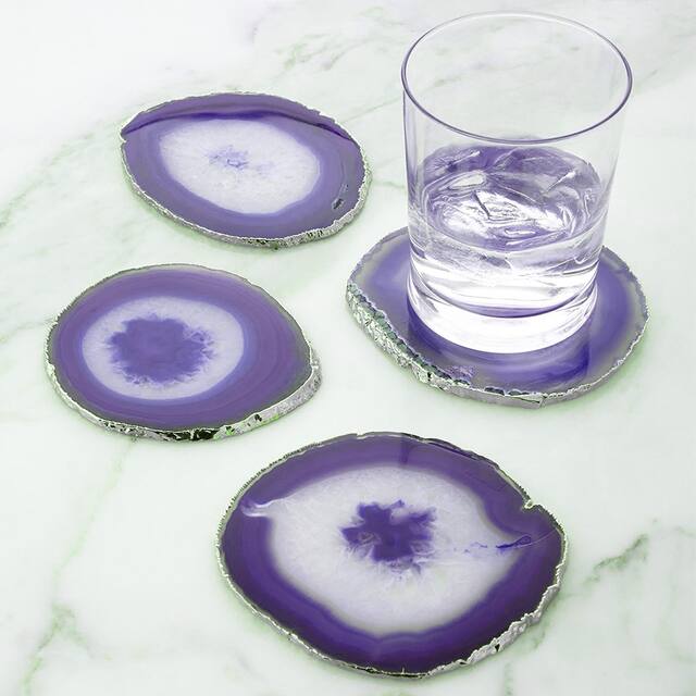 Modern Home Set of 4 Natural Agate Stone Coasters - Purple/Silver