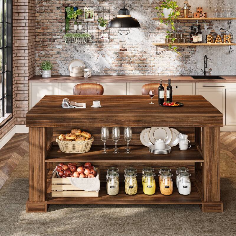 55 Inch Bar Table with Storage Shelves, Counter Height Pub Table, High Top Table for Home Bar, Bistro, Dining Room, Living Room
