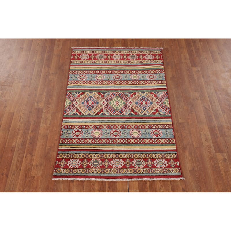 Geometric Kazak Accent Rug Handmade Multi-Color Wool Carpet - 3'4" x 5'0"