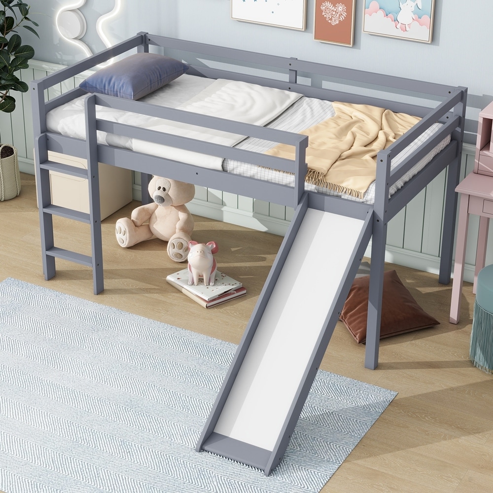 Rubber Wood Twin Low Loft Bed with Slide Ladder and Safety Guardrails