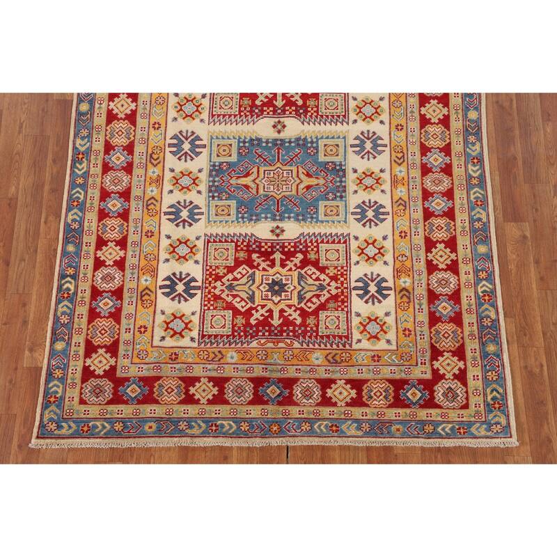 Geometric Kazak Oriental Area Rug Hand-Knotted Grey Wool Carpet - 4'10" x 6'5"