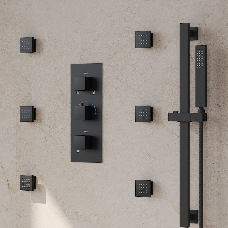GRANDJOY Thermostatic Shower Faucet Set 12" Wall Mount Rainfall Shower Head Handheld Spray with Slide Bar Body Jets