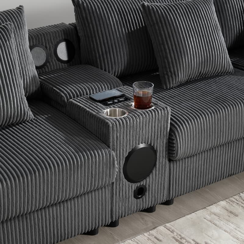 U-Shaped Cloud Corduroy Sectional Sofa with Console, Cup Holders, Bluetooth Speakers, Charging, Storage Ottoman, Deep Seats Sofa