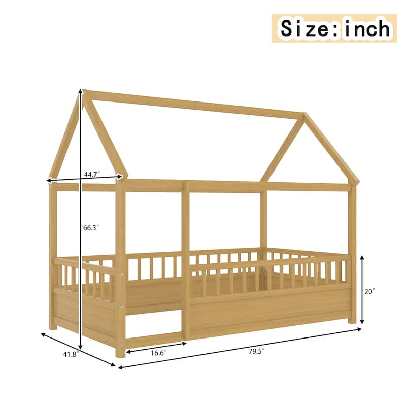 Twin Size Floor Wooden Bed with House Roof Frame, Fence Guardrails,(Twin,Natural)