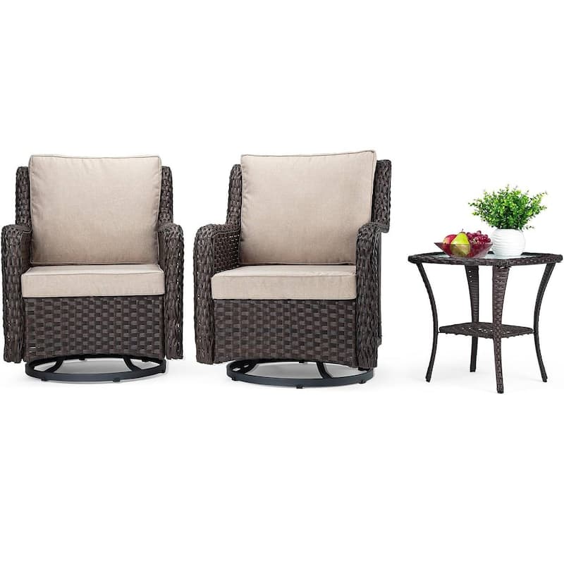 3 PCS Patio Rattan Swivel Rocking Chairs Set with Coffee Table for Backyard Garden Porch - Beige