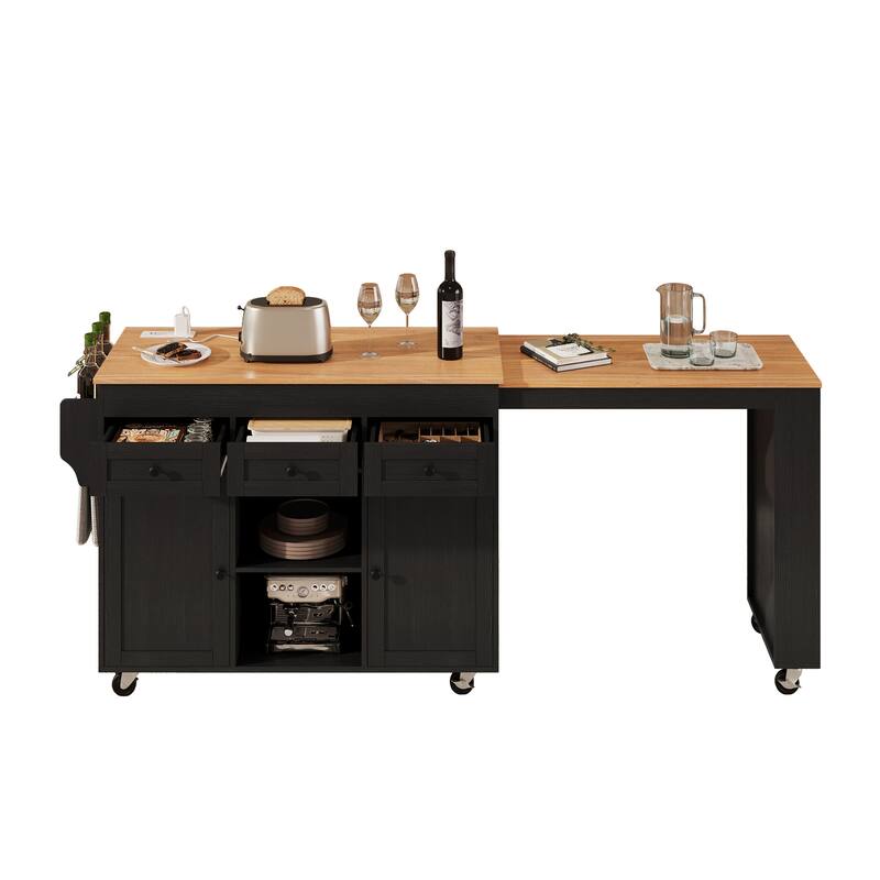 86" Extendable Kitchen Island with Outlets, 3 Drawers & Open Shelves