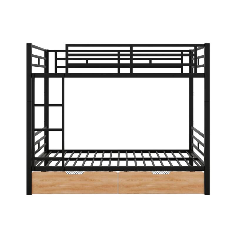 Full Size Convertible Metal Bunk Bed with 2 Drawers, Black