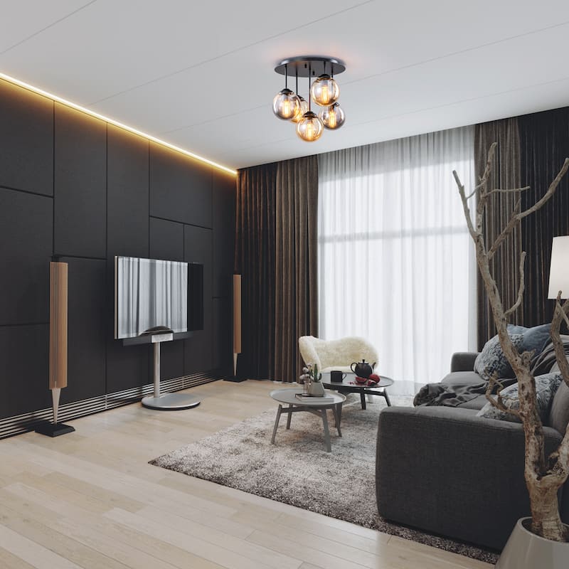 5 Lights Semi-Flush Mount Ceiling Light Smoky Gray&Amber Glass Globes - Dia.17.32-in