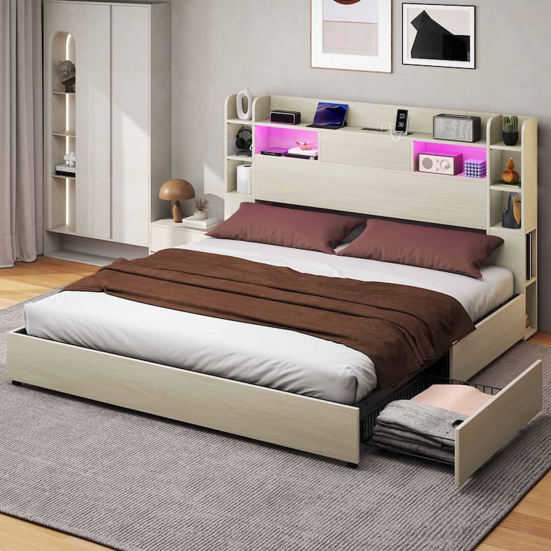 Queen/King Size LED Bed Frame with Bookcase Headboard, 4 Storage Drawers and Charging Station - White - King
