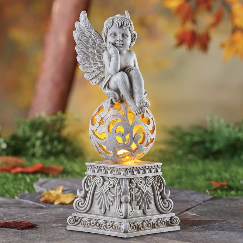 Enchanting Sitting Cherub on Solar Powered Ball Garden Sculpture - 3.87 x 10.75 x 4.37 - Grey - 3.87 x 10.75 x 4.37 - Resin