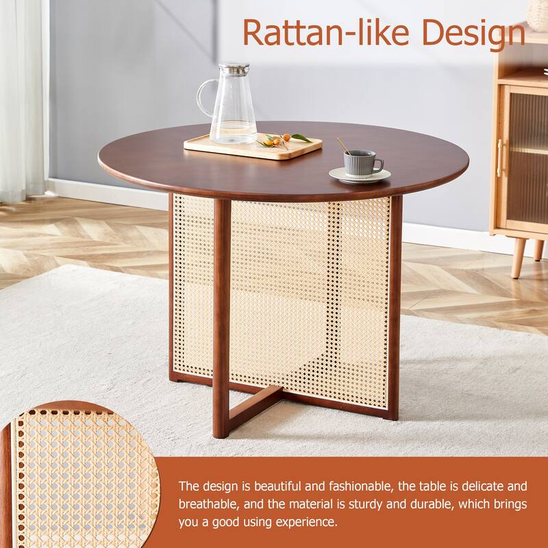Chinese Countryside Retro Walnut Solid Wood Round Table,Simple Modern Imitation Rattan Table,Wooden Table,Desk
